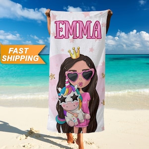 Girl Unicorn Beach Towel, Kids Custom Beach Towels - Unicorn Personalized Towel, Custom Gifts for Her - Princess Customized Gift T154