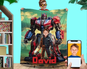 Boys Photo Blanket, Alien Robot Gifts for Kids Custom Face, Robot Personalized Blankets From Your Photo, Boy Bed Room Blanket L184 KC60