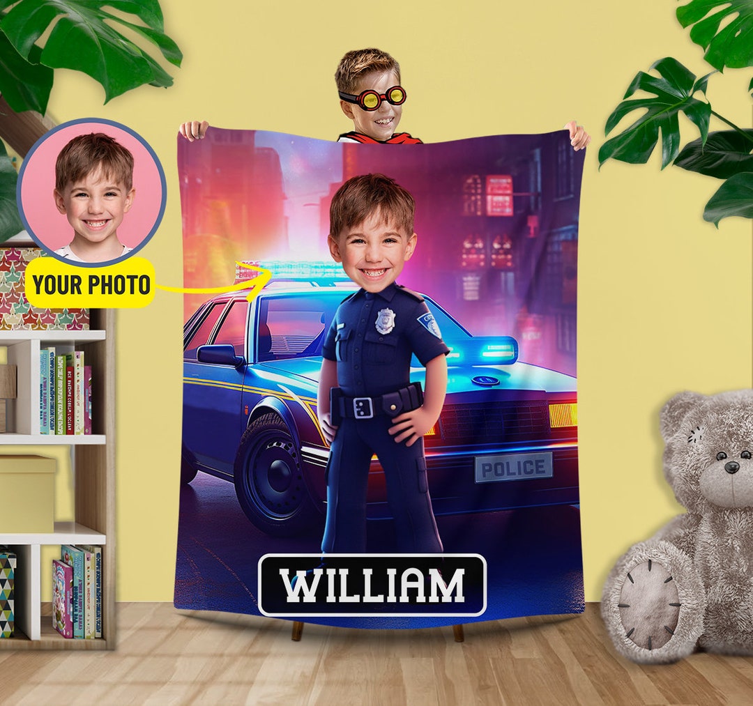 Personalized Police Boy Photo Blanket Custom Policeman Gifts for Boys, Name Kids Blanket