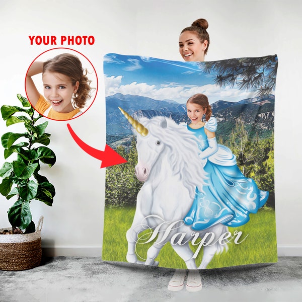 Personalized Princess Blanket, Kids Unicorn Princess Blanket, Princess Riding a Unicorn Blanket, Girls Custom Photo Face Birthday Gift L78