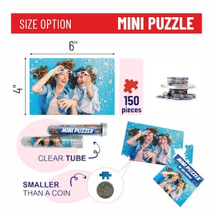 May include: A 150-piece mini puzzle in a clear tube. The puzzle is of a woman and a girl wearing 3D glasses and lying on a blue background with popcorn. The tube is smaller than a coin.