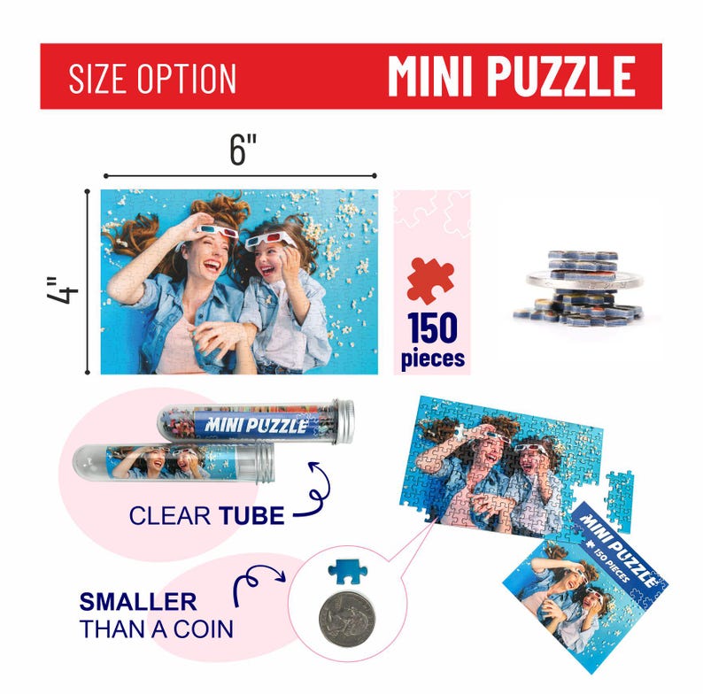 May include: A 150-piece mini puzzle in a clear tube. The puzzle is of a woman and a girl wearing 3D glasses and lying on a blue background with popcorn. The tube is smaller than a coin.