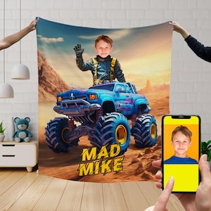 Custom Truck Photo Blanket, Personalized Gifts for Kids, Camping Picnic Travel Child Picture Blanket, Monster Pickup Truck Blanket L174 KC50
