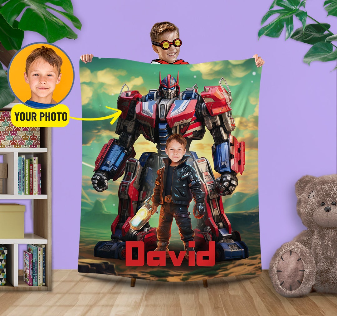Boys Photo Blanket, Alien Robot Gifts for Kids Custom Face, Robot