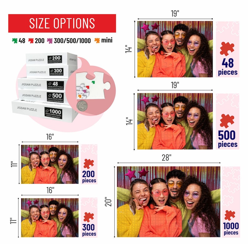 May include: A set of five jigsaw puzzles featuring a group of friends posing for a photo. The puzzles are available in four sizes: 48 pieces, 200 pieces, 300 pieces, 500 pieces, and 1000 pieces. The puzzles are printed on high-quality cardboard and are perfect for all ages.