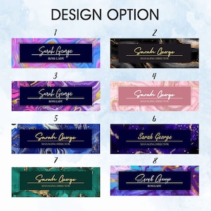 May include: Eight different design options for a business card featuring a marble background with gold accents. The name "Sarah George" is displayed on each card with the title "Boss Lady" or "Managing Director".