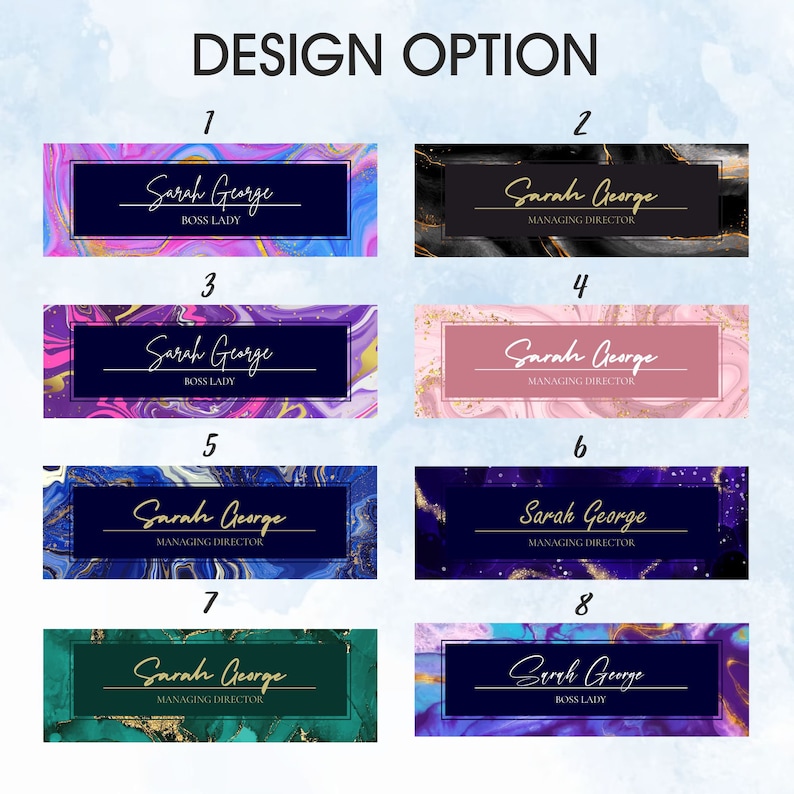 May include: Eight different design options for a business card featuring a marble background with gold accents. The name "Sarah George" is displayed on each card with the title "Boss Lady" or "Managing Director".