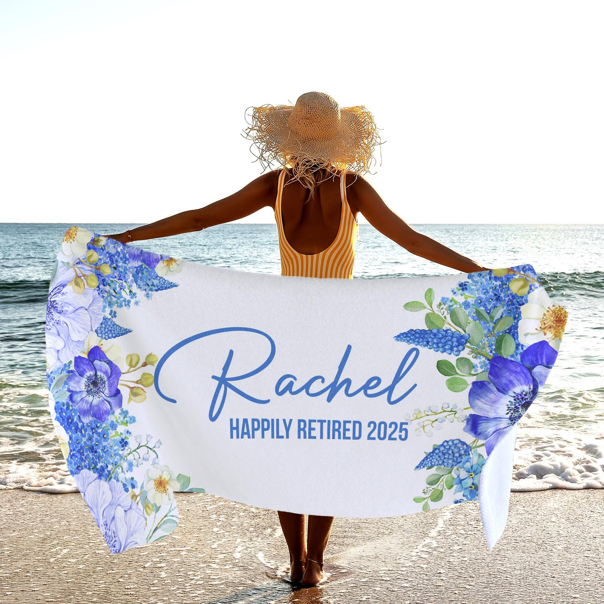Personalized Retirement Floral Beach Towel, Custom Gift for Women Farewell Coworker, Woman Doctor Teacher Retirement Present with Name T257