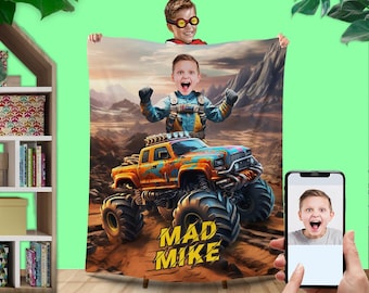 Boys Blanket Monster Pickup, Personalized Gifts for Kids, Camping Picnic Travel Child Blanket, Bedspread Sofa Covers Truck Decor L174 KC50