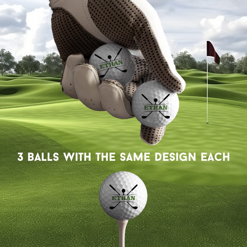 May include: Three white golf balls with a green and white design. The design includes the name "ETHAN" and two crossed golf clubs.
