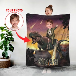 Personalized Dinosaur Blanket, T-Rex Custom Photo Face Blanket - Dinosaur Baby Blanket, Dino Personalized Blankets Gift for Kids L70