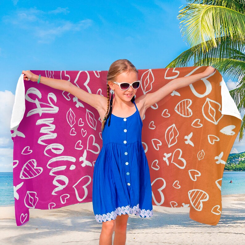 Custom Beach Towel, Personalized Beach Towel with Your Name, Monogrammed Towels with Heart and Butterfly Print, Custom Gift for Her T21 image 8