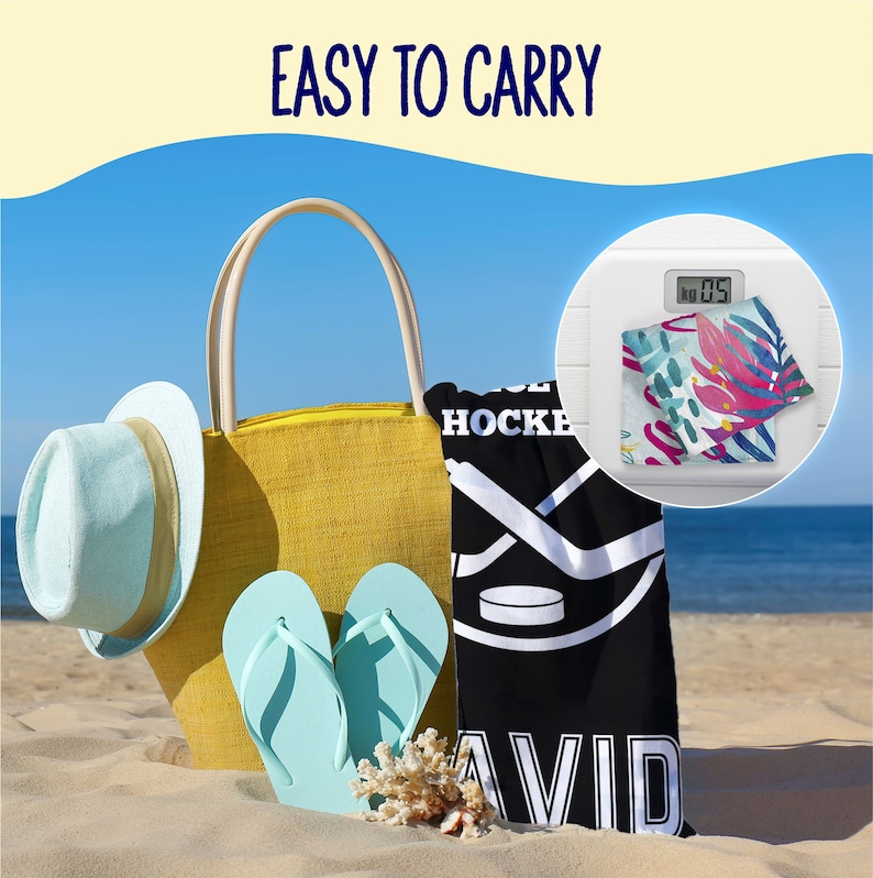 May include: A beach scene featuring a yellow tote bag, a light blue hat, and flip-flops. A black beach towel with a hockey design and the name "DAVID" is next to the bag. The text "EASY TO CARRY" is at the top. A scale shows the weight of the towel, approximately 0.5 kg.