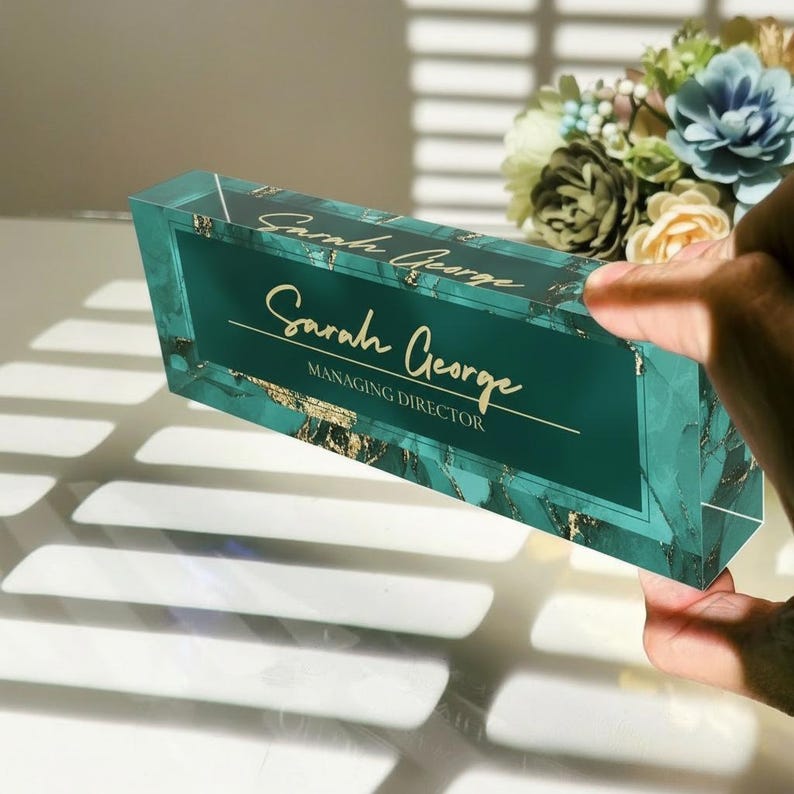 Custom Green Marble Acrylic Name Plate: Personalized Desk Sign image 8