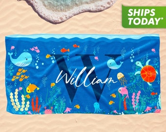 Kids Beach Towels, Personalized Pool Towel with Your Name - Custom Bath Towel for Girls Boys, Cute Baby Towel Ocean Print - Custom Gift T1