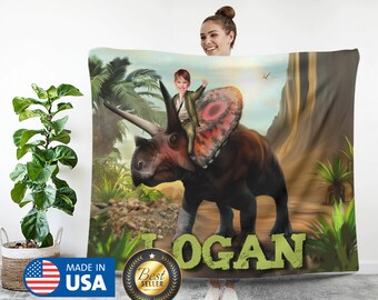 Personalized Dinosaur Blanket: Custom Dino Face Photo Gift