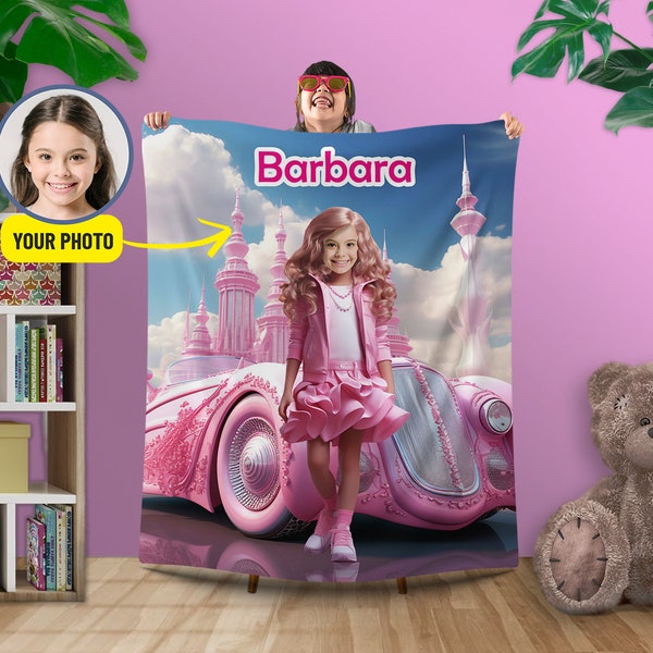 Girl in Barbi Clothes Custom Blanket, Personalized Blankets with Barbi House Print, Kid's Photo Blanket, Doll Pink Blanket for Her L152