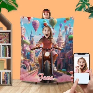 Custom Blanket Princess Girl Riding a Motorcycle, Personalized Blankets with Your Photos, Kid&#39;s Photo Girl Riding a Bike Blanket L149 KC25
