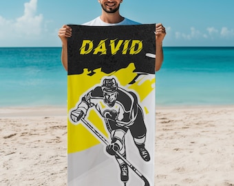 Personalized Hockey Beach Towel: Custom Name & Number, Hockey Fan Gift