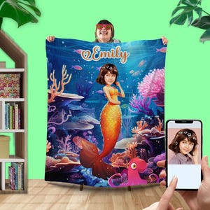 Little Mermaid Princess Custom Girls Blanket, Personalized Mermaid Gift for Her, Mermaid Face Photo Birthday Party Favors for Kids L166 KC42