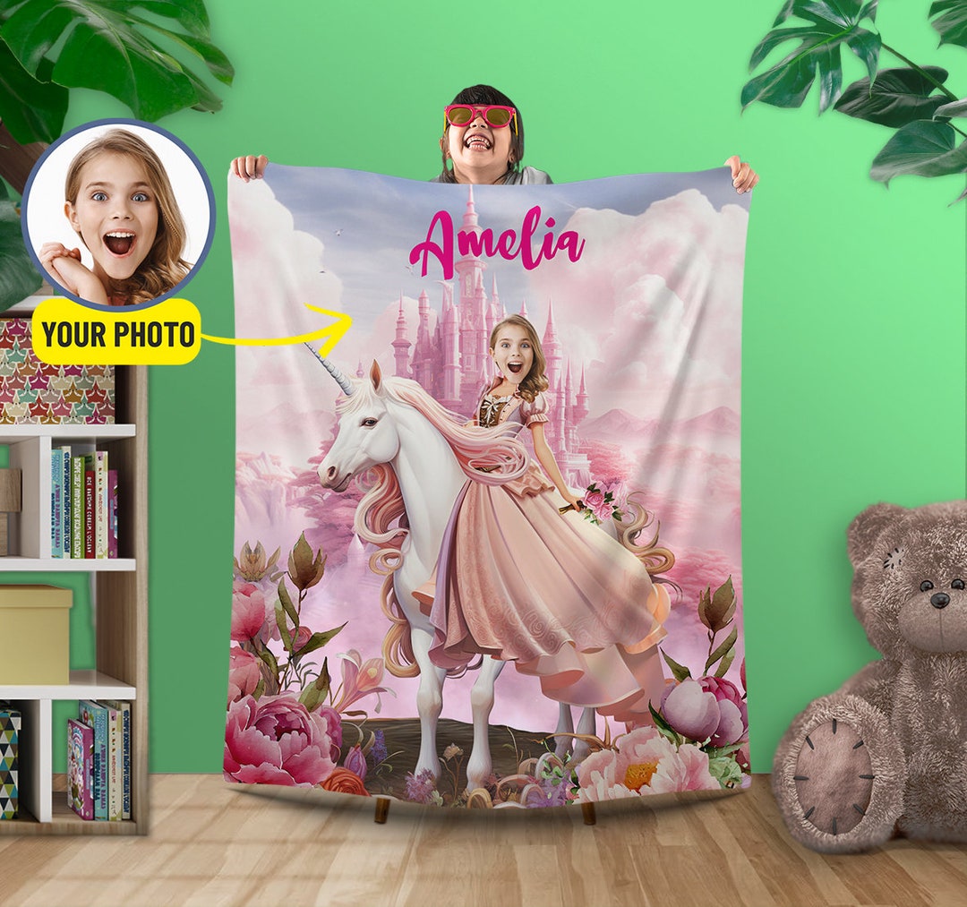 Custom Unicorn Princess Photo Blanket for Girls, Personalized Name