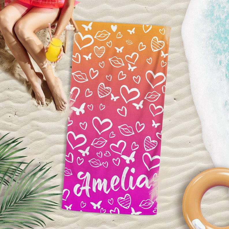 Custom Beach Towel, Personalized Beach Towel with Your Name, Monogrammed Towels with Heart and Butterfly Print, Custom Gift for Her T21 image 1