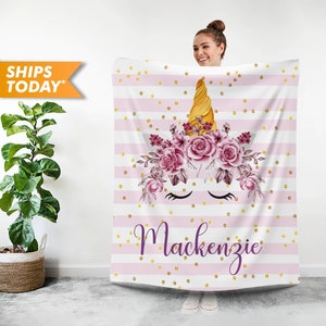 Personalized Blanket, Custom Baby Blanket - Monogrammed Blanket with Floral Print, Unicorn Name Blanket for Girls - Customized Blanket L7