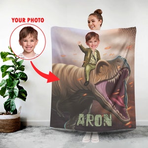 Dino Blanket, Photo Blankets Personalized Boy - T Rex Blanket for Kids, Dinosaur Custom Blanket - Dinosaur Birthday Gifts for Boys Girls L71