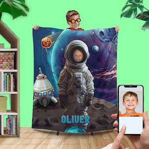 Boys Astronaut Photo Blanket, Space Lover Custom Face Birthday Gift, Personalized Blanket for Kids, Astronaut Gifts for Boyfriend L126 KC1