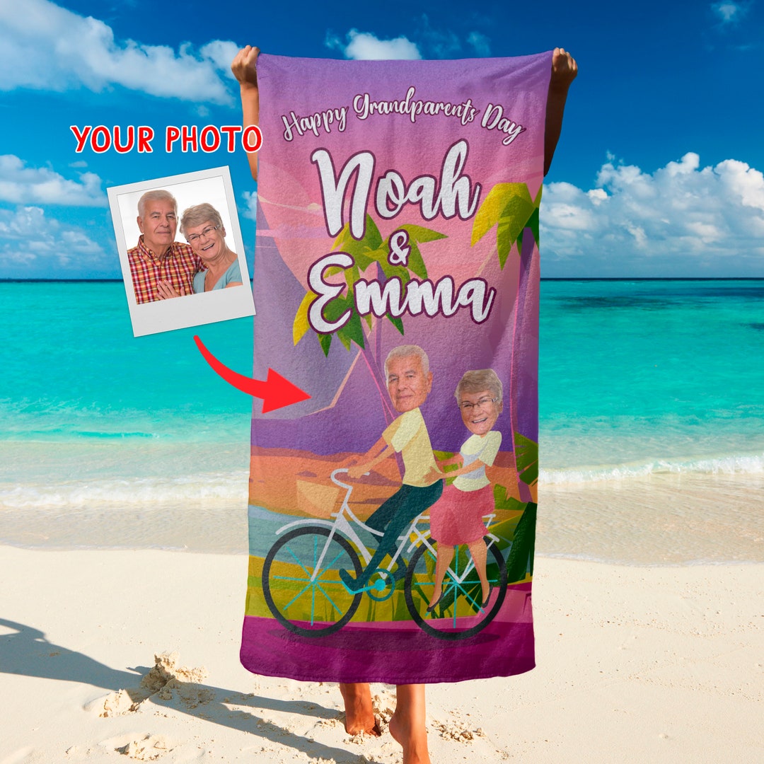 Custom Face Beach Towel, Couple Photo Towel Grandparents Day Gifts