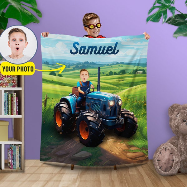 Personalized Boy on Tractor Gift Blanket with Photo, Custom Little Farmer Kids Name Blanket, Farm Gifts for Boys, Toddler Boy Blanket L167
