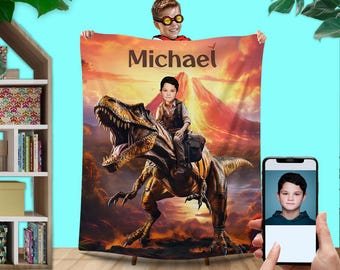 Dinosaur Lover Custom Gift, Blanket Child Riding T-Rex Dinosaur, Boys Jurassic Blanket, Dinosaur Photo Gifts for Him Son Boyfriend L169 KC45