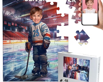 May include: A 48-piece jigsaw puzzle featuring a young boy wearing a hockey uniform with the name "Oliver" and the number "25" on his jersey. The puzzle depicts the boy standing on an ice rink with a hockey stick and puck.