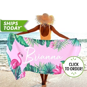 Custom Beach Towel, Personalized Beach Towel with Your Name Monogrammed Towels Flamingo Print, Custom Towels - Bachelorette Gift for Her T3