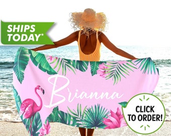 Custom Beach Towel, Personalized Beach Towel with Your Name Monogrammed Towels Flamingo Print, Custom Towels - Bachelorette Gift for Her T3