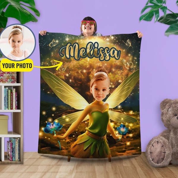 Customized Fairy Photo Blanket for Girls, Personalized Kid Face Birthday Gift, Picnic Kids Blanket, Custom Face Name Gift for Her L175