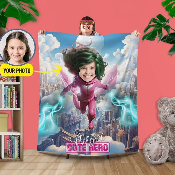 Super Hero Face Blanket for Girls, Superhero Photo Birthday Gifts for Her, Personalized Superhero Themed Blanket for Sister Niece Mom L139