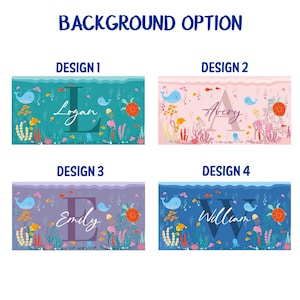 May include: Four different designs for a personalized underwater themed printable. Each design features a large letter, a whale, a turtle, and other sea creatures. The designs are in teal, pink, purple, and blue.