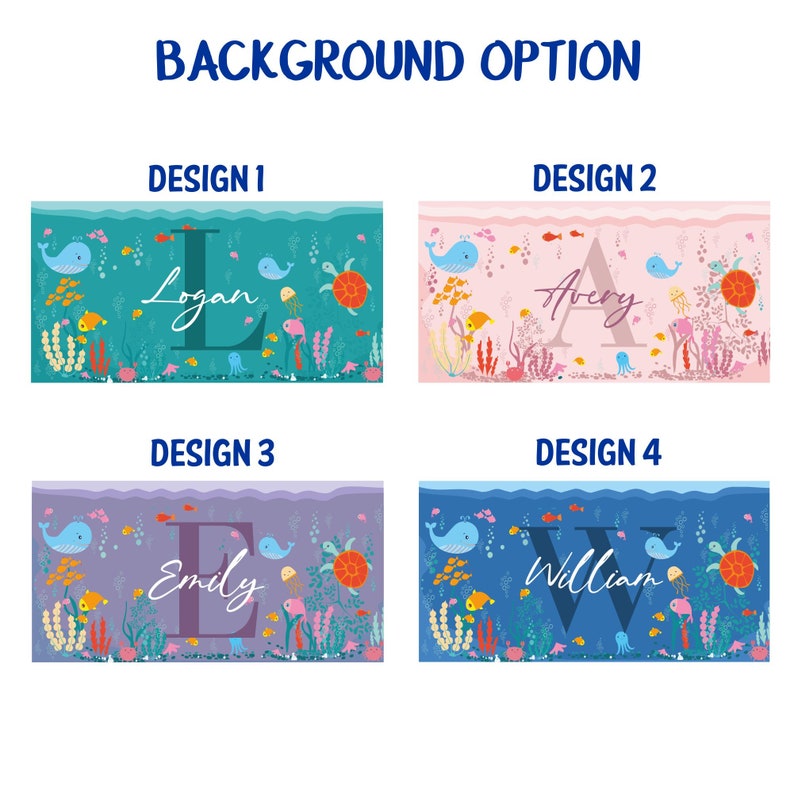 May include: Four different designs for a personalized underwater themed printable. Each design features a large letter, a whale, a turtle, and other sea creatures. The designs are in teal, pink, purple, and blue.