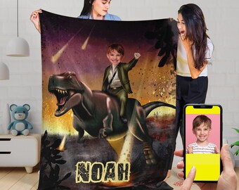 Personalized Dinosaur Blanket, T-Rex Custom Photo Face Blanket - Dinosaur Baby Blanket, Dino Personalized Blankets Gift for Kids L70 KC16