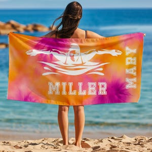 Swim Team Towels, Tie Dye Custom Beach Towel Gifts for Swimmer, Swim Coach Gift, Swimming Pool Bath Towel for Boys Men, Kids Name Towel T264