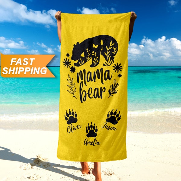 Mama Bear Towel, Mom Custom Beach Towel - Mothers Day Gift for Her, Personalized Beach Towels for Mother - Custom Gifts for Moms T137