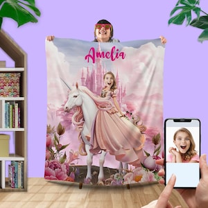 Custom Unicorn Princess Photo Blanket For Girls, Personalized Name Unicorn Blanket, Unicorn Theme Gift for Her Daughter Grandchild L156 KC32