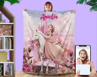 Custom Unicorn Princess Photo Blanket For Girls, Personalized Name Unicorn Blanket, Unicorn Theme Gift for Her Daughter Grandchild L156 KC32