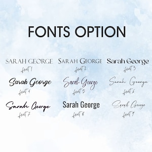 May include: A graphic showing nine different font options for the name "Sarah George". The fonts are numbered 1 through 9.