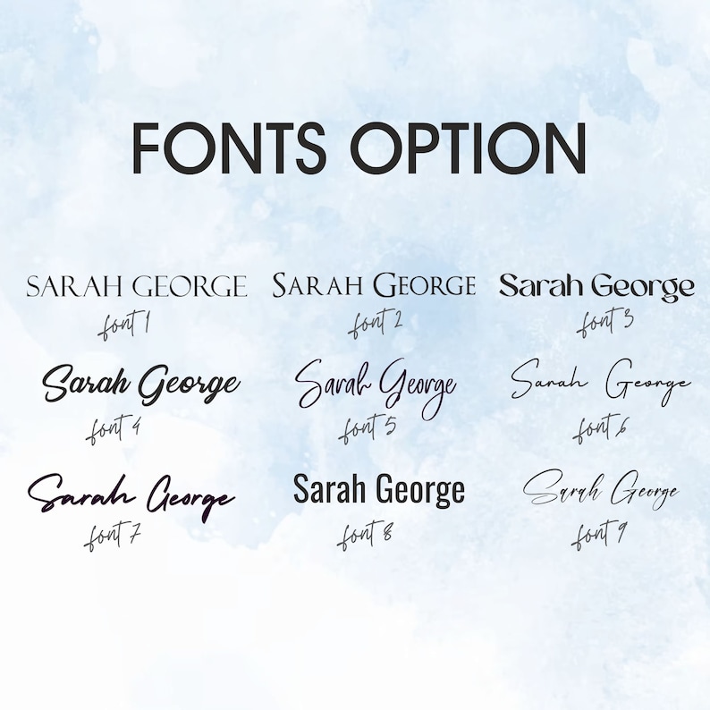 May include: A graphic showing nine different font options for the name "Sarah George". The fonts are numbered 1 through 9.