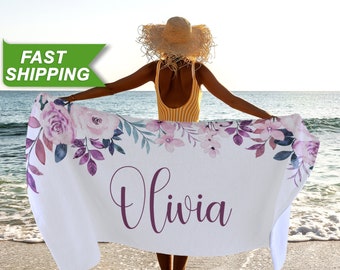 Custom Beach Towel, Bride Beach Towel with Your Name - Personalized Beach Towel Floral Print, Bachelorette Gift - Monogrammed Towels - T15