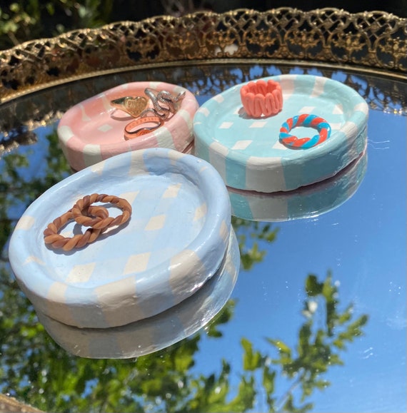 Handmade Jewelry Dish Trinket Dish Ring Holder Clay Dish Plaid