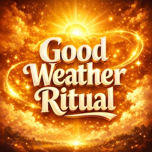 May include: The text Good Weather Ritual is displayed in large, three-dimensional, cream-coloured letters against a vibrant, glowing golden background featuring a bright sun, swirling light trails, and a sky filled with sparkling stars and clouds.