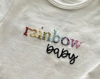 Rainbow baby bodysuit, hand embroidered baby onesie, miracle baby newborn bodysuit, baby announcement onesie, new baby gifts